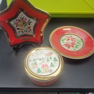 EUC Chokin Christmas Set Red w/Gold Trim Covered Box, Round Plate and Star Plate